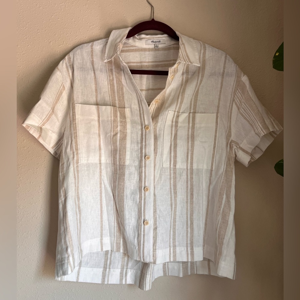 Madewell :: Short Sleeve Safari Shirt :: Size Small :: White and Brown Stripe